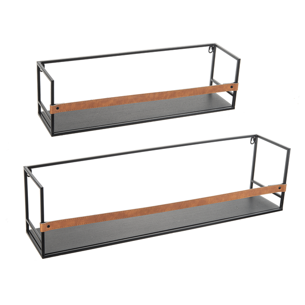 Metal Wall Shelf with Faux Leather Detail