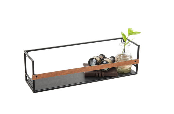 Metal Wall Shelf with Faux Leather Detail