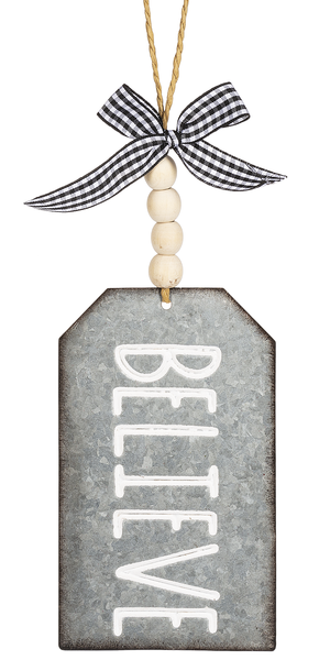 Galvanized Ornament Tags with Holiday Text & Gingham Ribbon