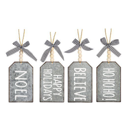 Galvanized Ornament Tags with Holiday Text & Gingham Ribbon